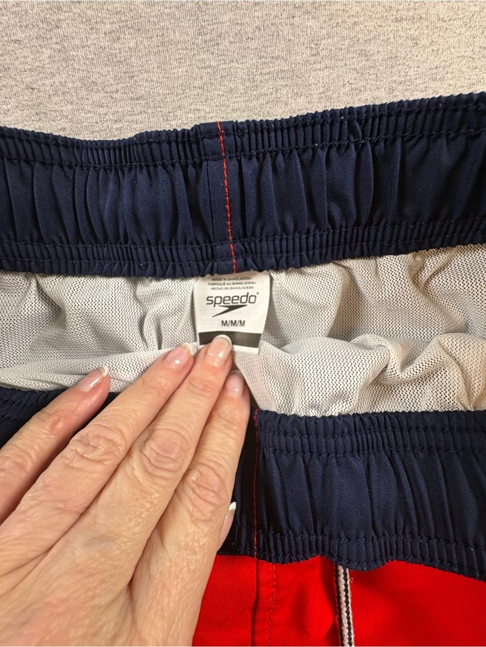 Speedo Mens Red White Navy Blue Elastic Waist Drawstring Swim Trunks Shorts Sz M